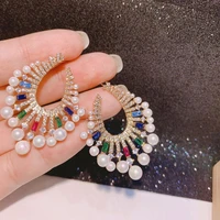hibride fashion cubic zirconia flower stud earring for women jewelry pearl earring wedding brincos boucle doreille e 535