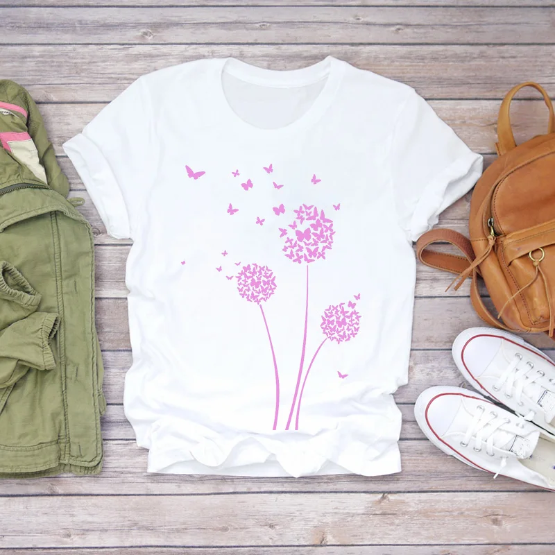 

Women Dandelion Plant Fashion Short Sleeve Animal 90s Print Lady T-shirts Top Womens Graphic T Shirt Ladies Female Tee T-Shirt
