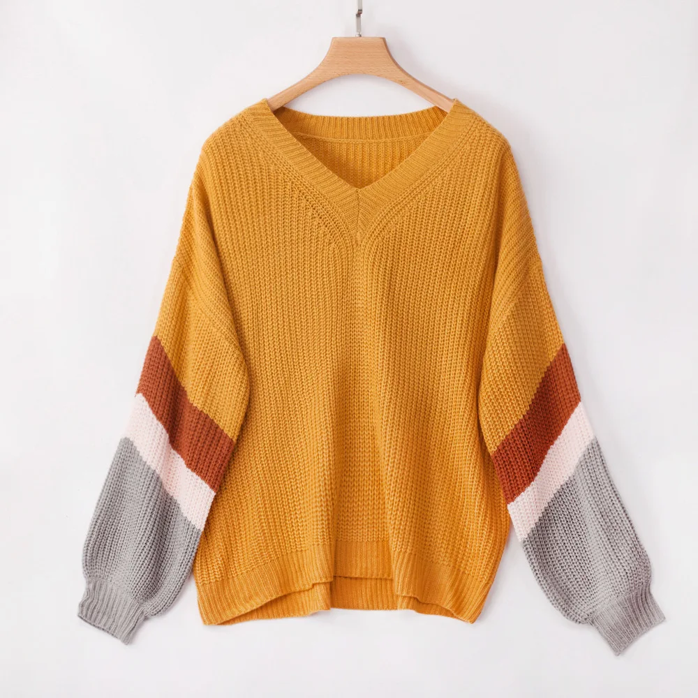 Autumn Women V Neck Off Shoulder Sweater 2019 Winter Lantern Sleeve Loose Sweaters Pullover Streetwear Patchwork Jumper Female | Женская