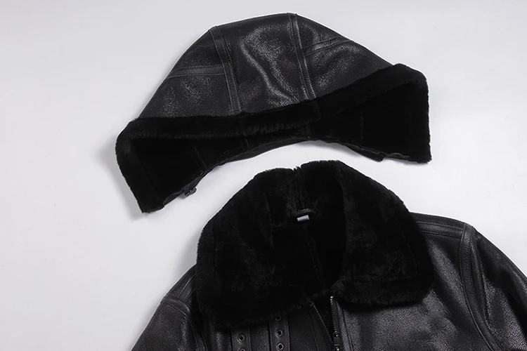 Мужская куртка Авиатор из натуральной овчины черная кашемировая с капюшоном 3xl 4xl