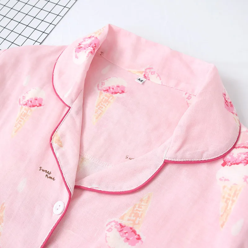 Summer Pajamas Set Women Pure Cotton Gauze Soft Short Sleeve Sleepwear with Shorts Ice Cream Ladies Homewear Loose Comfortable