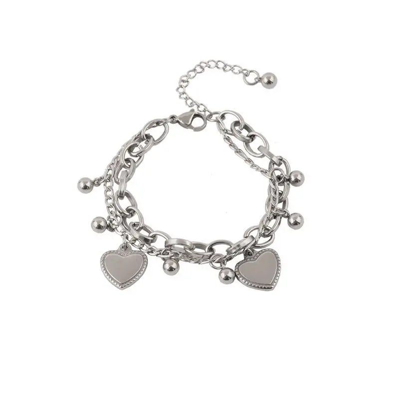 

Minar Punk Double Layers Silver Color Love Heart Charm Bracelet for Women Mujer Beaded Link Chains Bracelets High Street Jewelry