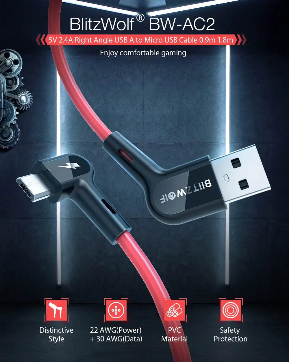 Blitzwolf 2.4A 90 ° под прямым углом USB A к Micro usb зарядное устройство кабель для передачи данных для samsung Xiaomi телефон играть в мобильные игры