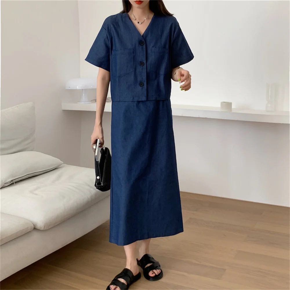 

2021 Hot New Casual V-Neck Denim Summer Gentle Coats + OL Stylish Long Split korean Suits All Match Two Piece Skirts Sets