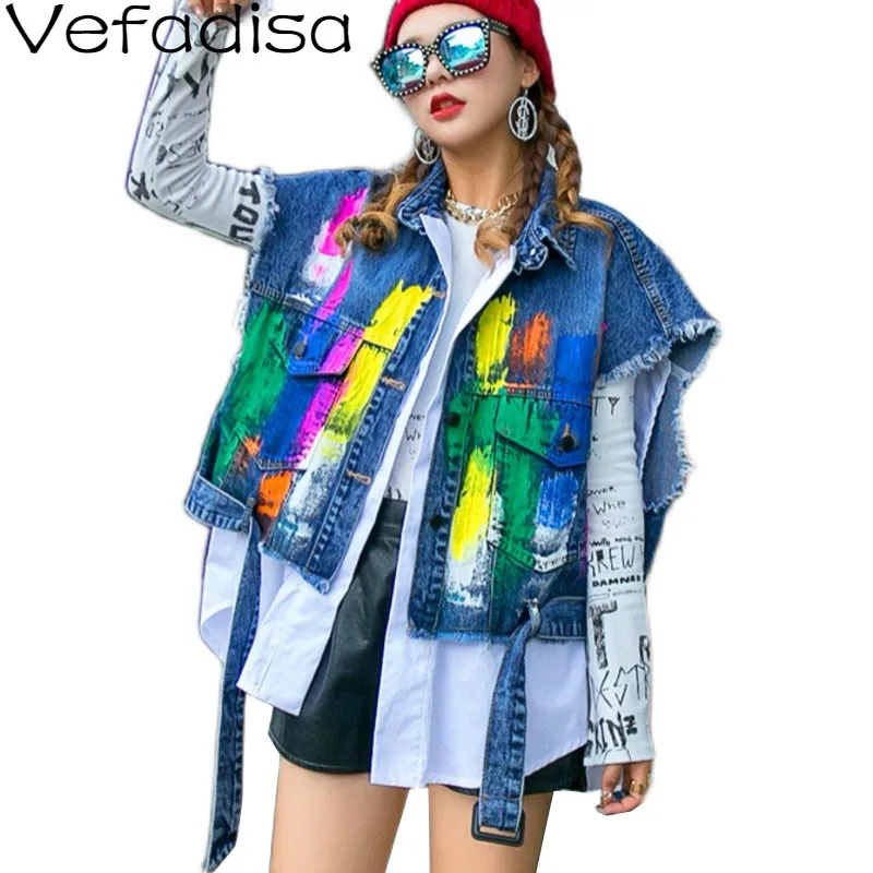 Джинсовый жилет Vefadisa в стиле пэчворк с граффити женская джинсовая куртка без