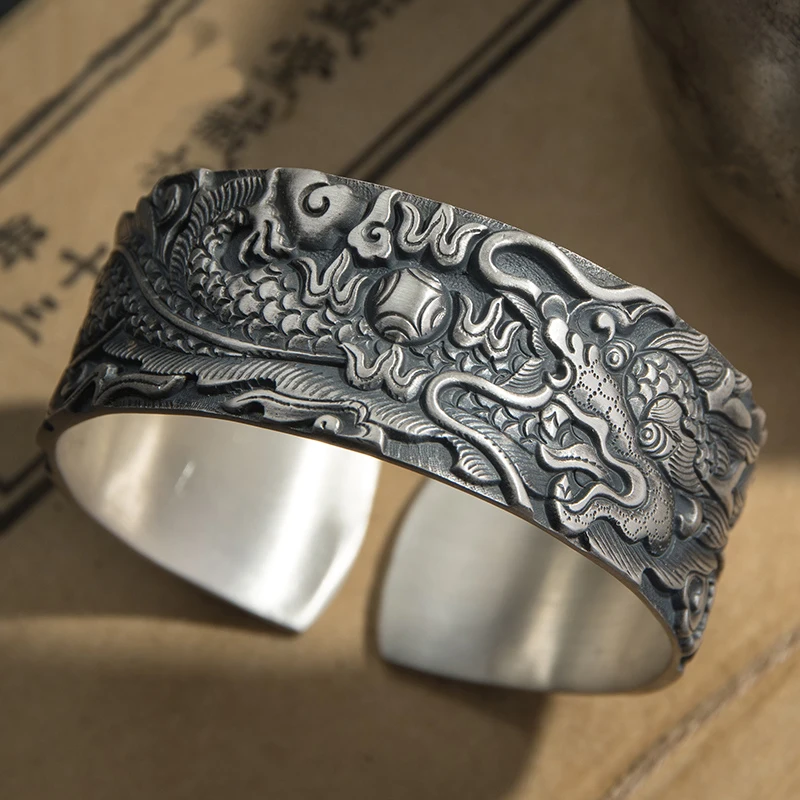 

New Handmade Bracelet Men's Bracelet Fashion Retro Style Silver Bracelet Adjustable Wide Face Personality Dragon Bracelet