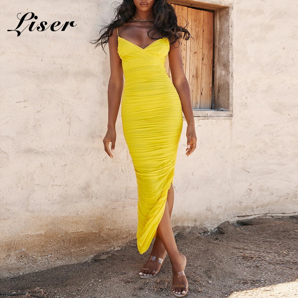 Женское ДРАПИРОВАННОЕ Бандажное платье миди желтое элегантное облегающее с V