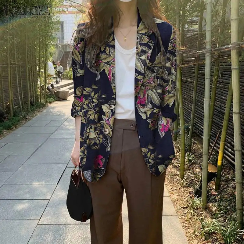 

ZANZEA Female Elegant Bohemian Peinted Thin Blazer Women Casual Long Sleeve Lapel Coat Floral Work Jacket Street Blouse Oversize