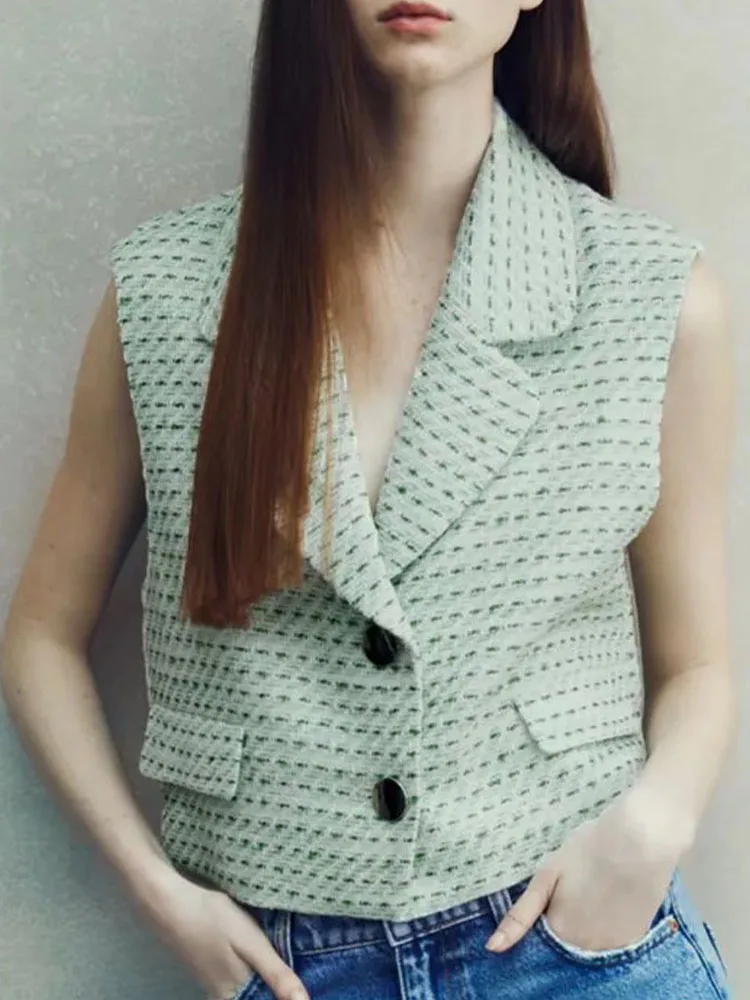 

Женский короткий жилет без рукавов ZA, универсальный однобортный текстурный Повседневный жилет с лацканами, новинка для весны и осени