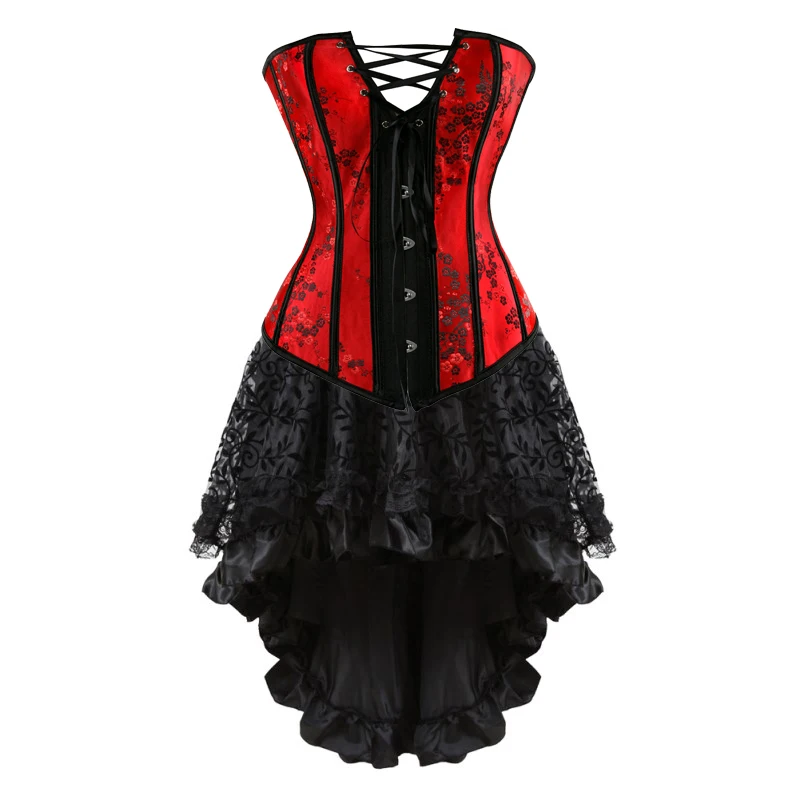 

Renaissance Corset Dress Plus Size Sexy Lingerie Vintage Print Corset Bustier Irregular Skirt Black Corset Victorian Fashion Red