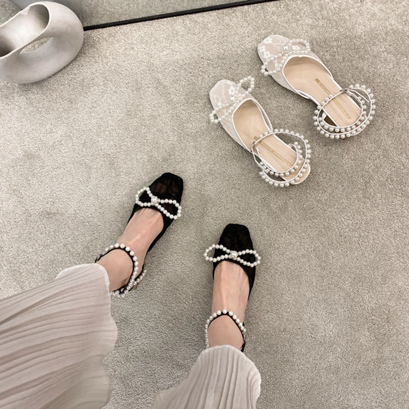 

ELLALEE Sweet Ladies Lace Breathable Mesh Pearl Buckle Square Heel Pumps Women Fashion Comfortable Butterfly-knot Sandals