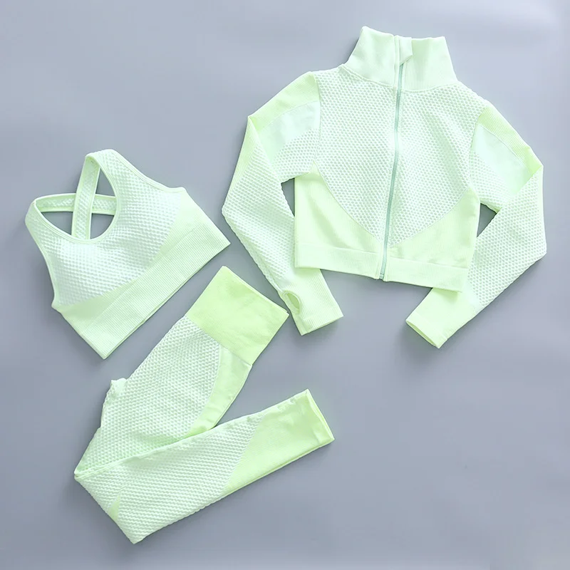 

Women's Sets Skinny Yoga Set Breathable Bra Long Sleeve Top Seamless Outfits High Waist Push Up Leggings Zipper Tracksuit Women