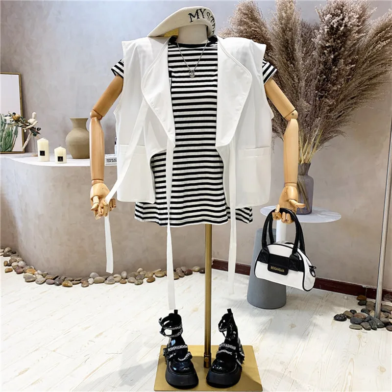 

Niche Design New Women's Clothing Summer 2021 Fashion Short Sleeve Stripe T-shirt lace-ups Blazer Vest