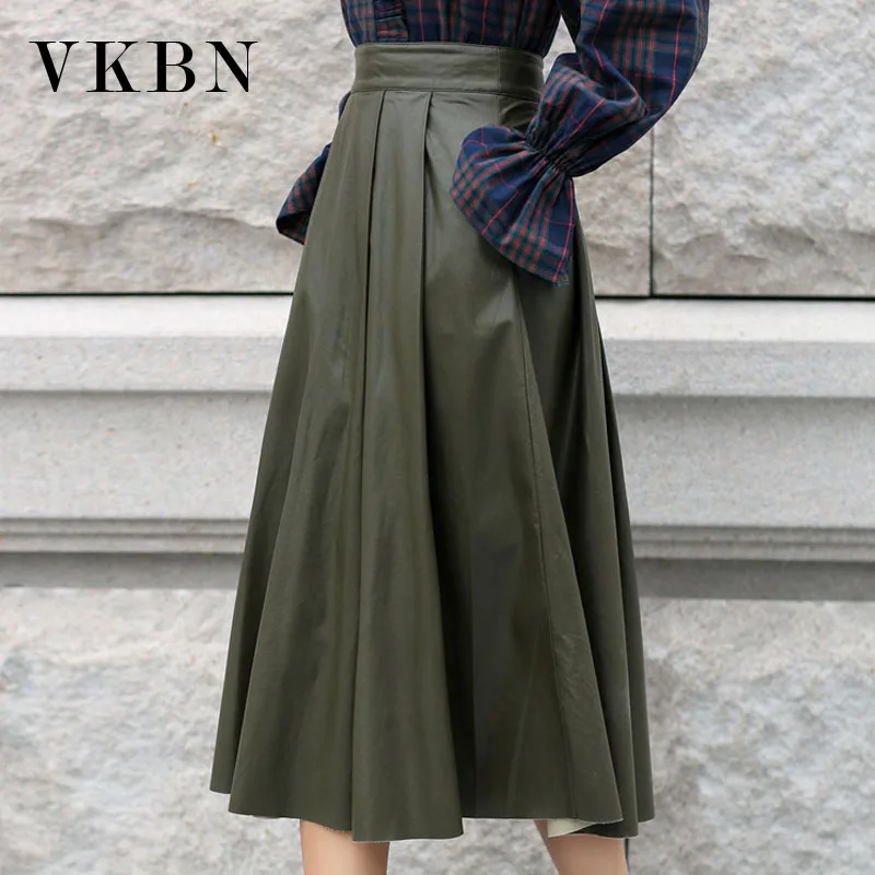 

VKBN PU Leather Skirts for Women Casual High Waist Pleated Korean Style 2021 Spring Autumn Sexy Fashion Clothing