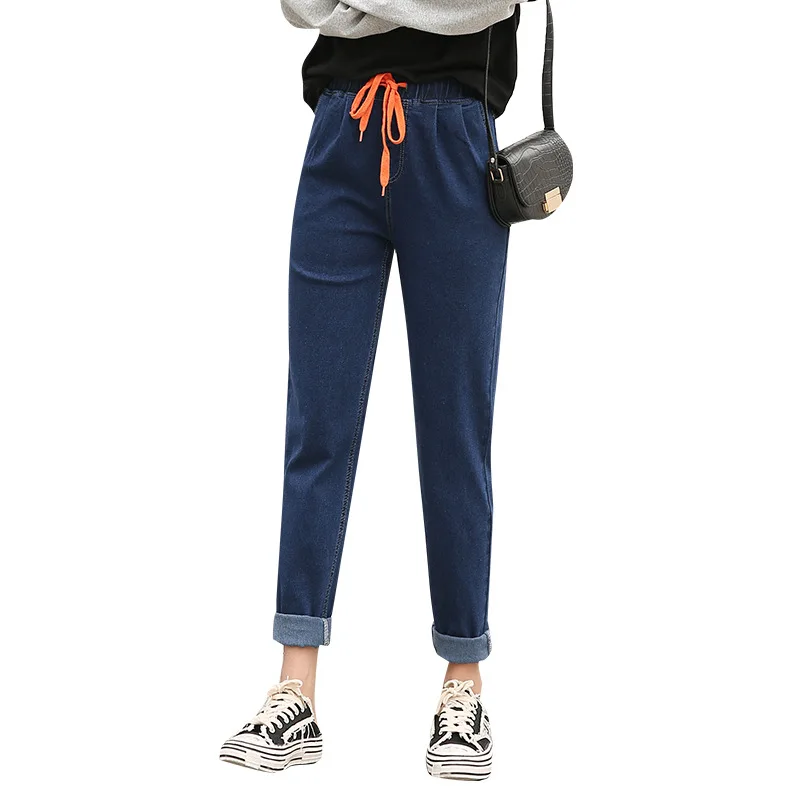 

Large Size WOMEN 'S Jeans Drawstring Elastic Waist Harem Pants Korean Style Slim Fit Plus Size Cowboy Casual Pants Pockets Pants