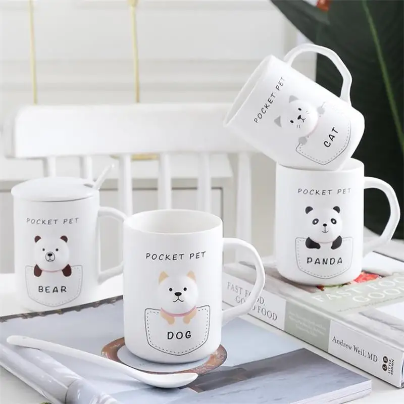 400 мл креативная керамика с мультяшными животными крышкой и ложкой кружка ручкой