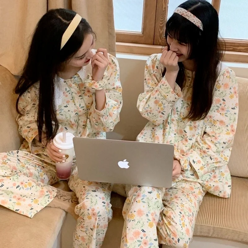 QWEEK Womens Two Piece Sets Korean Flowers Pajamas Loose and Comfortable Sailor Collar Pijamas Girls Home Clothes Spring Autumn