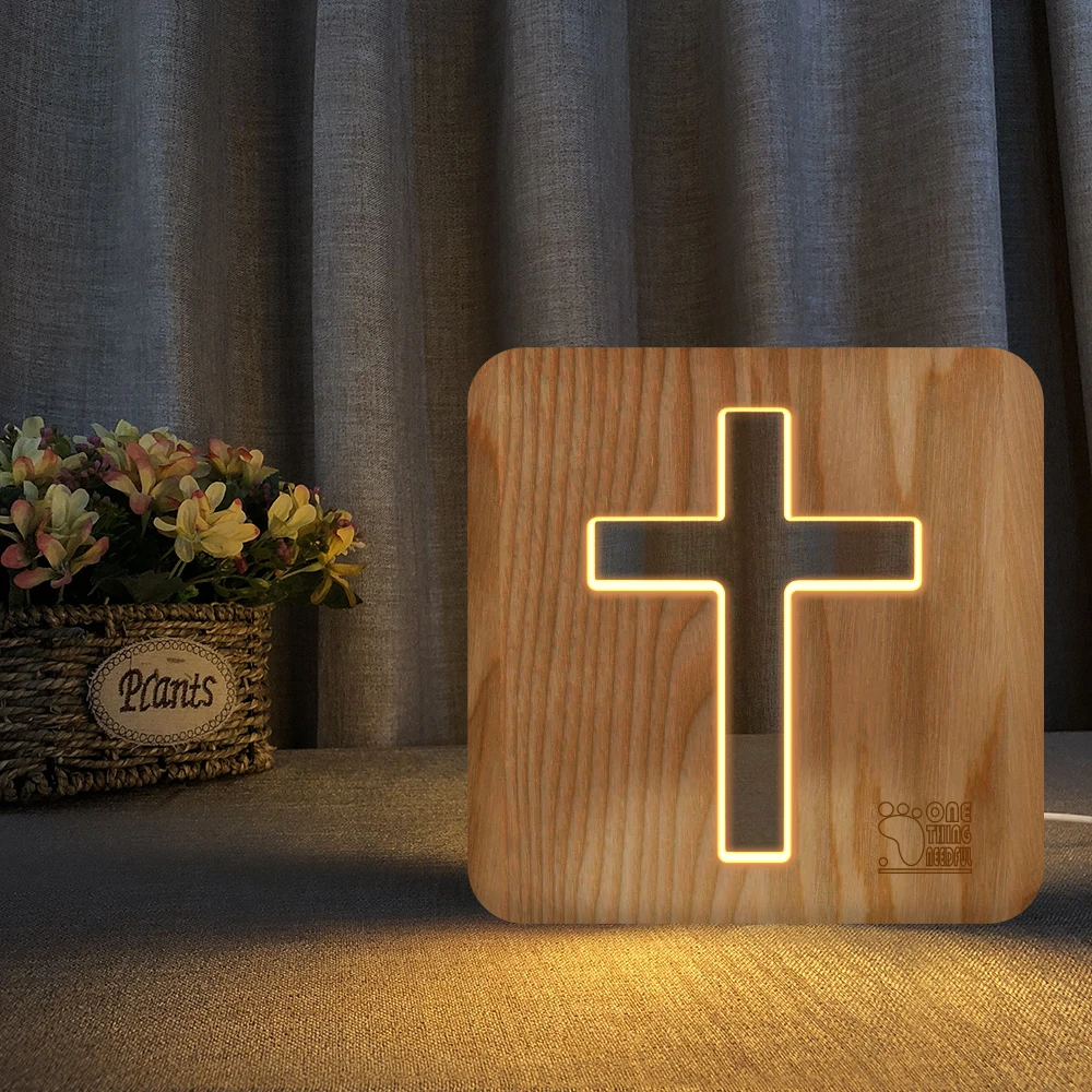 

3D Wood Jesus Cross Christ Statue LED USB Night Light Novelty Kid Bedroom 3D Decoration Table Lamp Warm White Child Gift