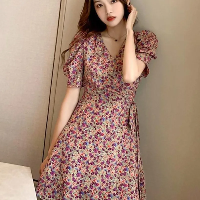 

Dresses Woman Summer Women Clothing New Waist Hugging Slim V-neck Floral Dress Fashion Short Sleeves Dress