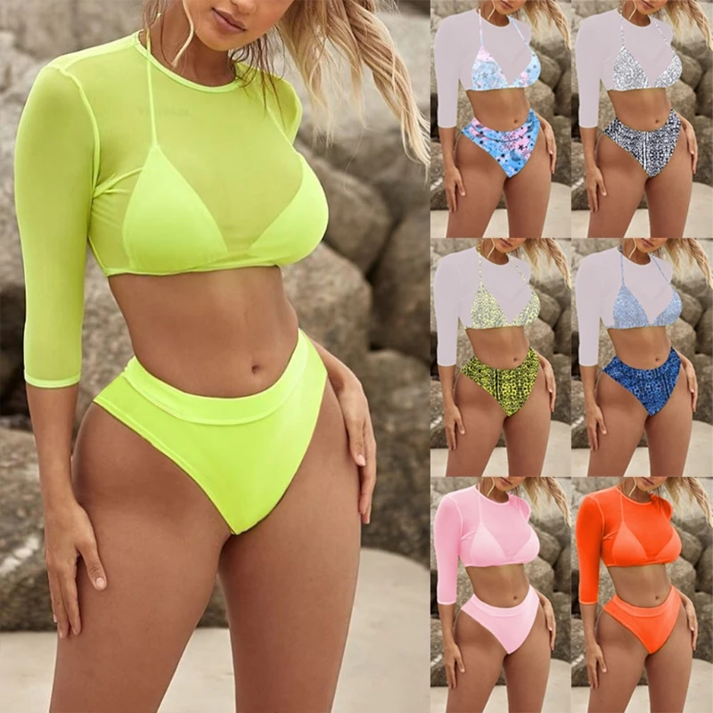 

2021 Top Women 3pcs Bikini Swimsuit Set Halter Bra Thong with Mesh Long Sleeve Crop Top