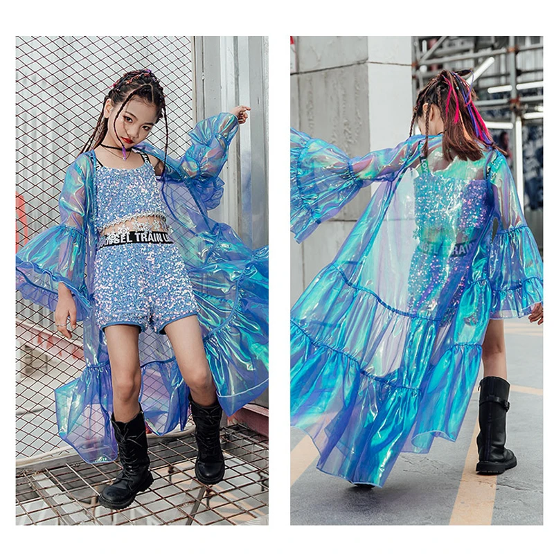 

Shiny Sequin Clothing For Girls Blue Fairy Catwalk Show Costume Kids Jazz Hip Hop Dance Suit Modern Street Dance Clothes DQL5140