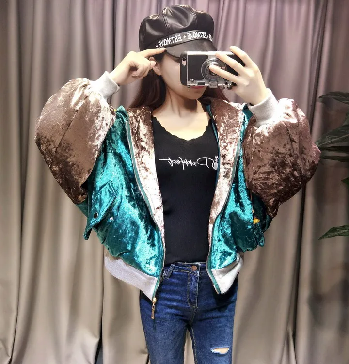 

Winter Oversize Jacket Women Autumn Winter Sequined Beaded Back Big Mouth Lettering Velour Hooded Cropped Jacket Women's Coat