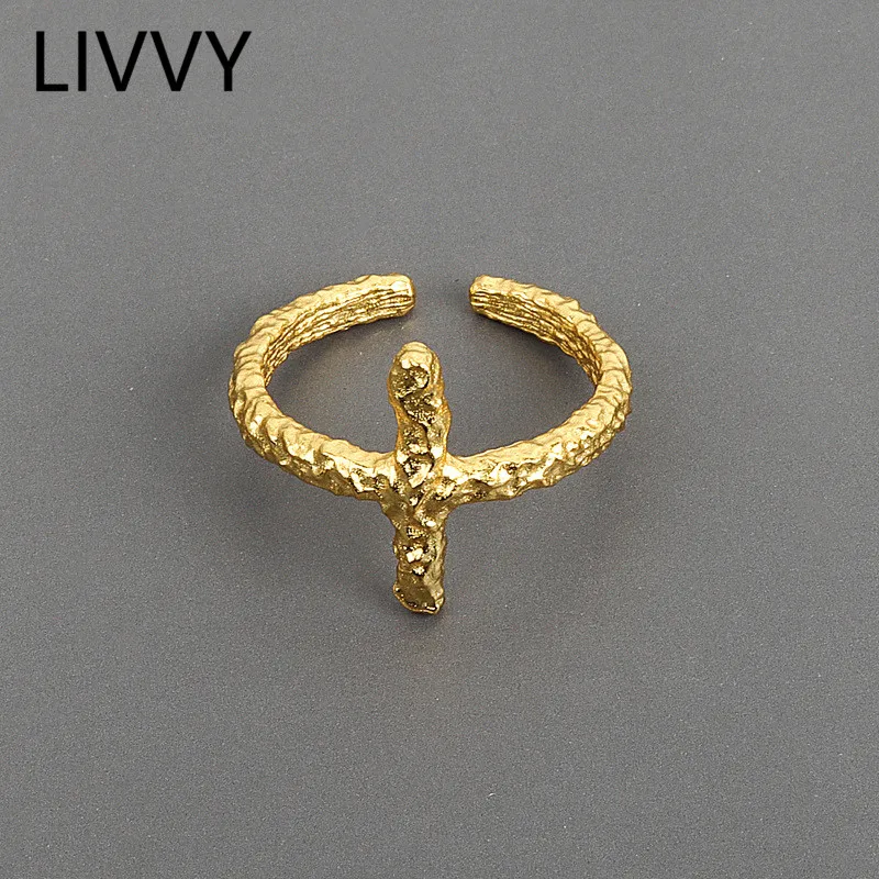 

LIVVY Wide Ring Silver Color Open Ring for Women INS Gold & Silver Color Gold Foil Concave-convex Irregular Face
