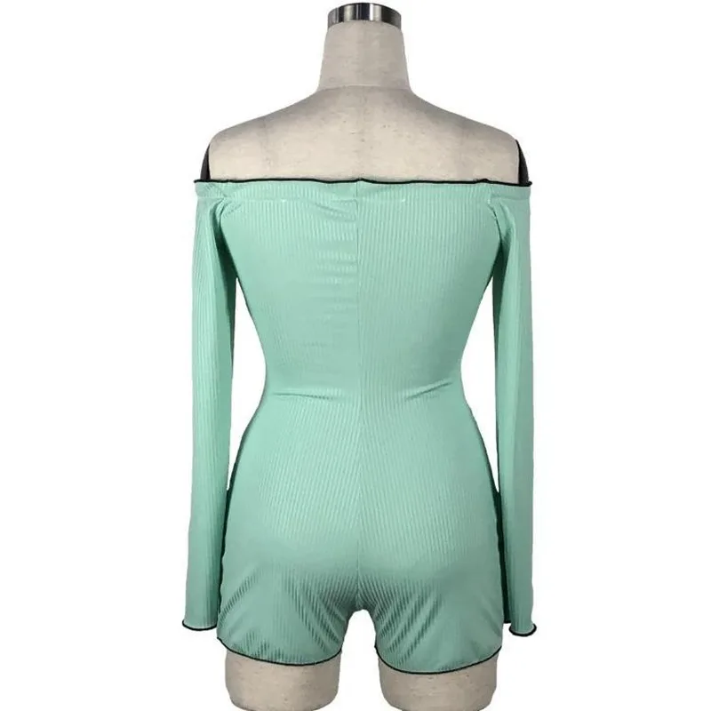

New Autumn Women's Hollow Out Waist Playsuit Sexy Green Pink Belt Long Sleeve Jumpsuit Street Party Off-Shoulder Slim Jumpsuits