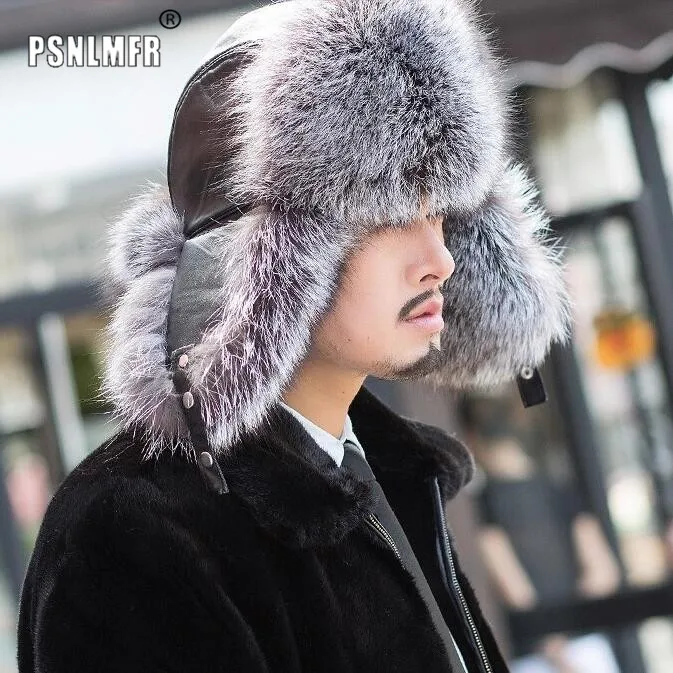 Шапка бомбер мужская зимняя из натурального меха лисы с защитой ушей|fur mask|fur