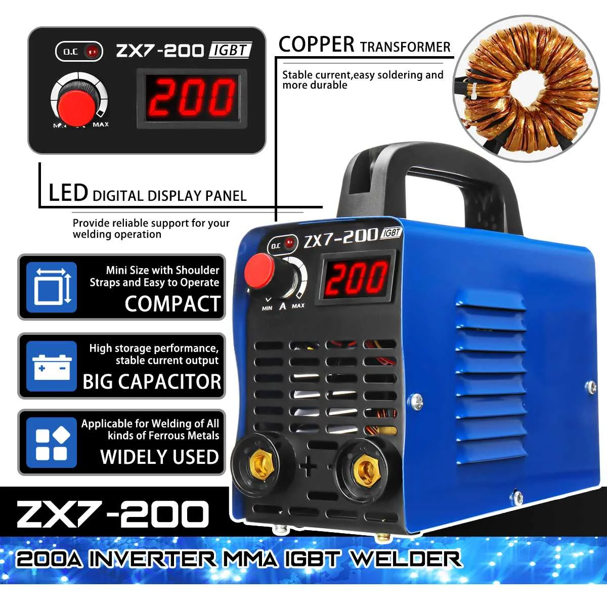 

ZX7-200 200A 220V Mini Portable Electric Welding Machine 4000W Digital Display IGBT DC Inverter Blue ARC MMA Stick Welder