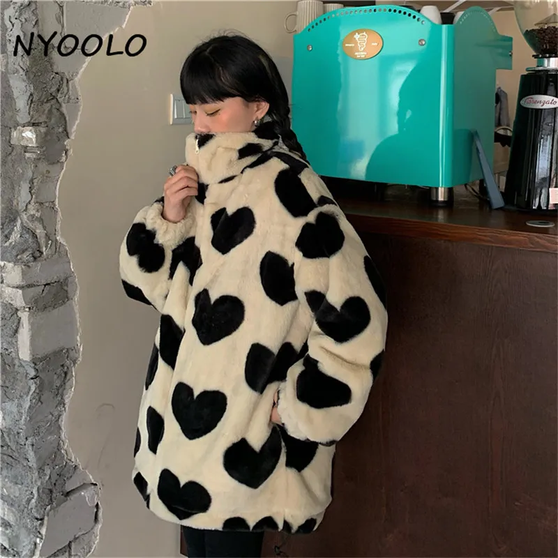 

NYOOLO Winter Streetwear Love Lamb Woolen Thicken Warm Zipper Jacket Women Casual Loose Long Sleeve Stand Collar Coats Outwear