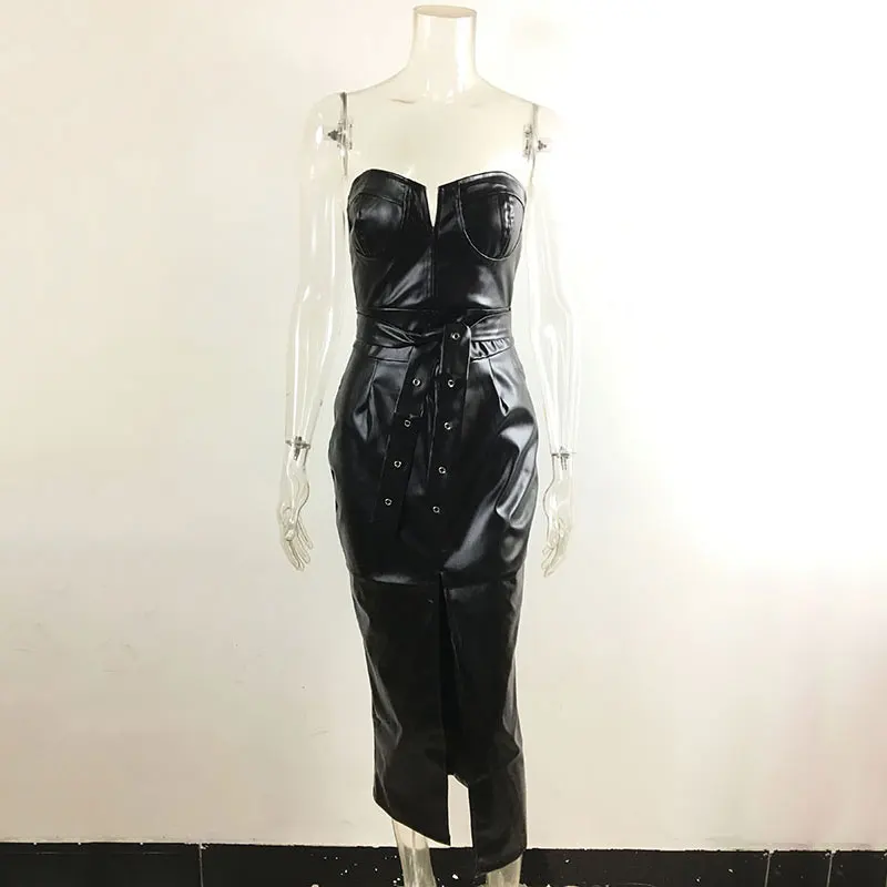 Женское платье с поясом GACVGA черное облегающее открытой спиной из искусственной