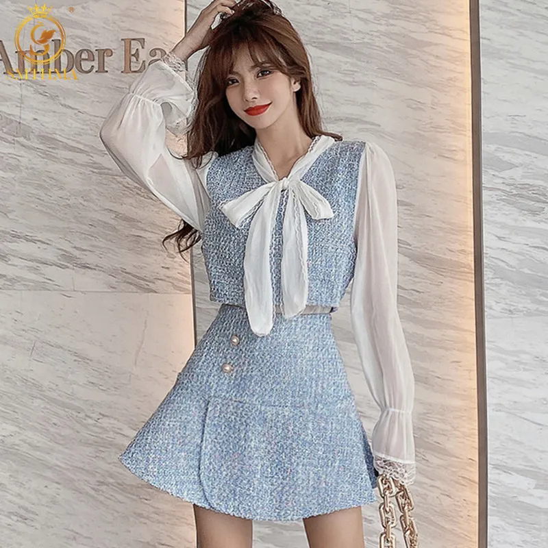 

SMTHMA New Autumn Two Piece Set Women's Temperament Chiffon Long-Sleeved Patchwork Tweed Bow Tops +High Waist Woolen Skirt Suit