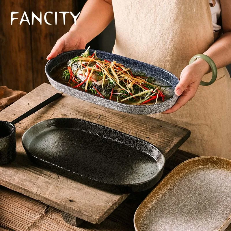 

FANCITY японское овальное блюдо, тарелка для рыбы, домашняя большая тарелка для рыбы на пару, ретро тарелка, креативное персонализированное керамическое блюдо для ресторана