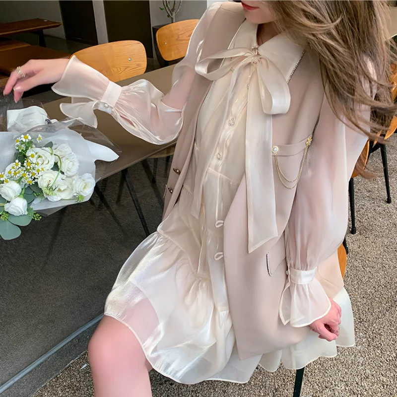 Женское винтажное платье макси с бантом на поясе офисное воротником Питер Пэн и