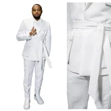 Costume blanc avec ceinture pour homme, 2 pièces, tissu en coton, ample, chaud pour l'hiver, pour mariage, bal, soirée, vêtements décontractés, Blazer + pantalon  (3)