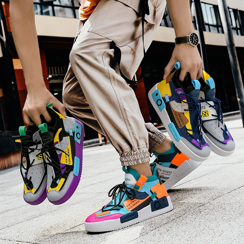 Hot sale Designer Colorful Skateboarding Shoes Men High-top Knit Sports Shoes Fashion Hip Hop Sneakers Male Running Shoes Men