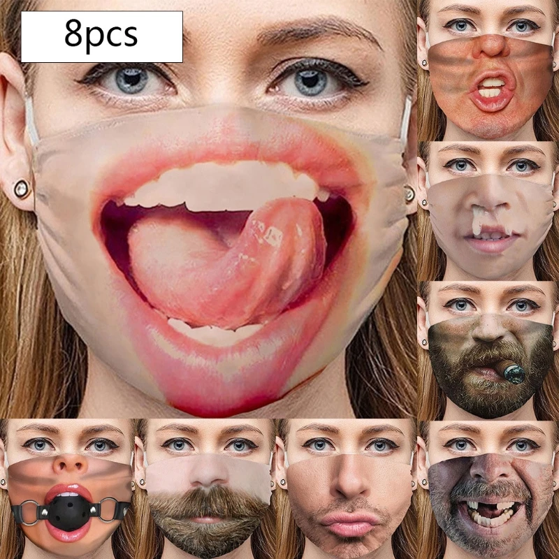 

8Pcs Funny Expression Dustproof Mouth Mask Snotty Nose Beard 3D Print Face Cover J78E