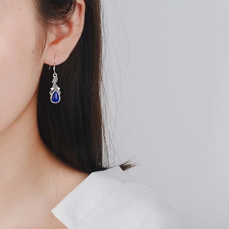 Женские маленькие серьги подвески с голубым камнем в стиле бохо форме капли воды