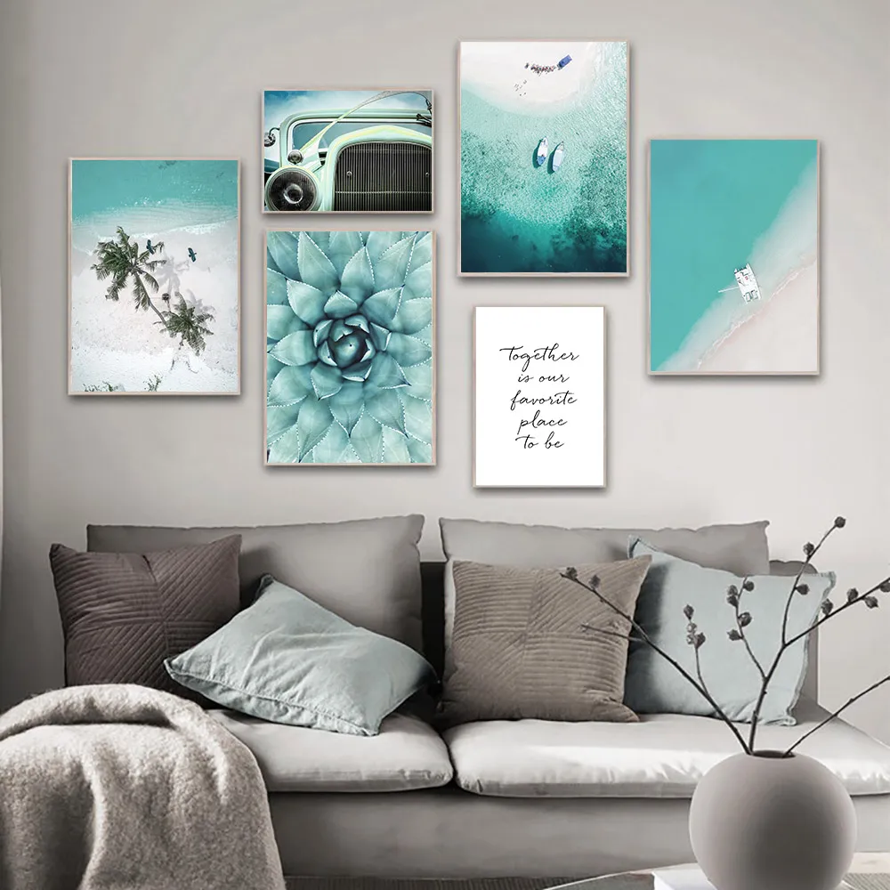 Тропическое дерево холст живопись Пляж пейзаж плакат печать синий цветок