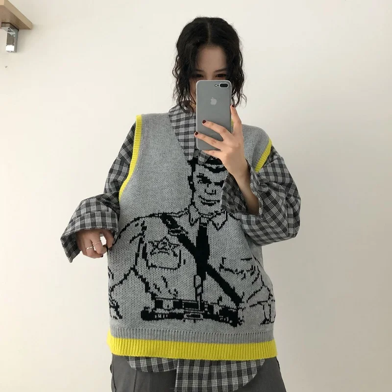 Vintage Cartoon Printed Knitted Sweater Vest Casual Sleeveless Loose Pullover Tank Tops Female Oversized Pullovers Femme