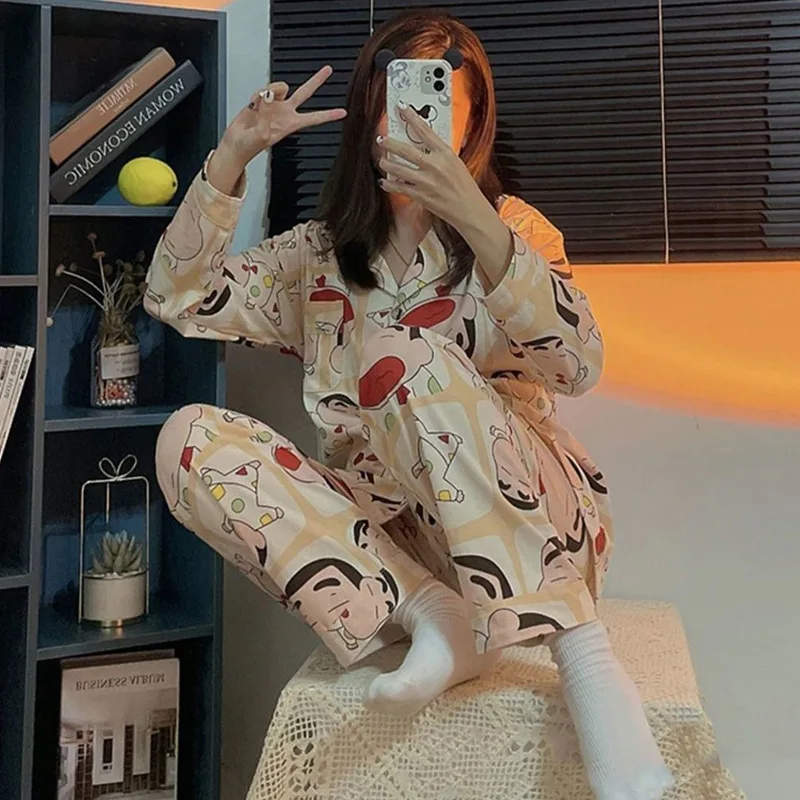 Long Sleeve Pajamas Autumn Trousers Suit Printing Cartoon Fashion Pyjama Set Large Size Nightwear Home Service