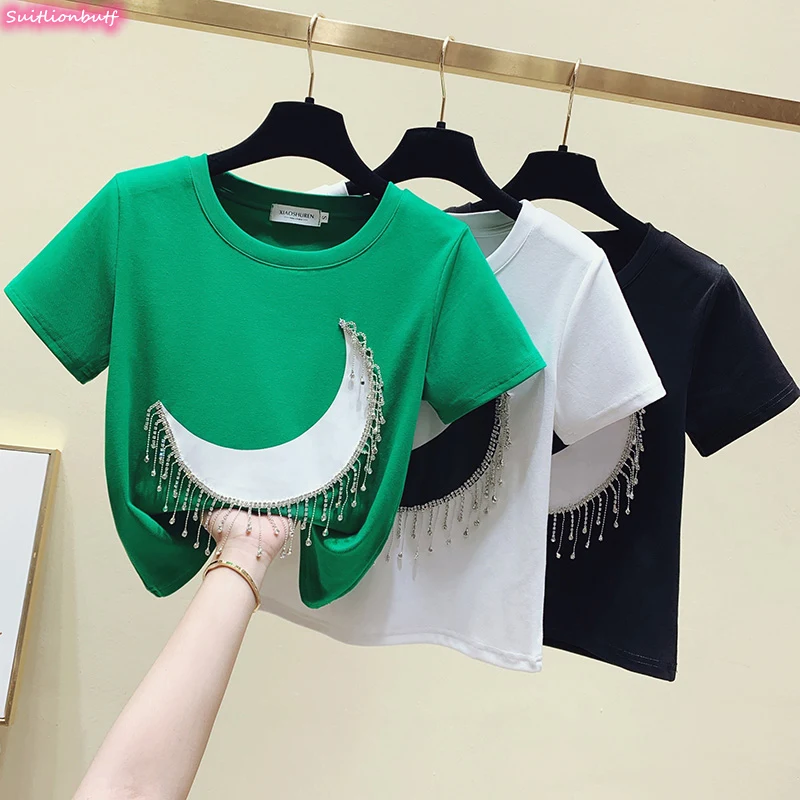 

Хлопковая летняя футболка для женщин, популярная футболка с коротким рукавом и луной, футболка со стразами, повседневные свободные кроп-топ...