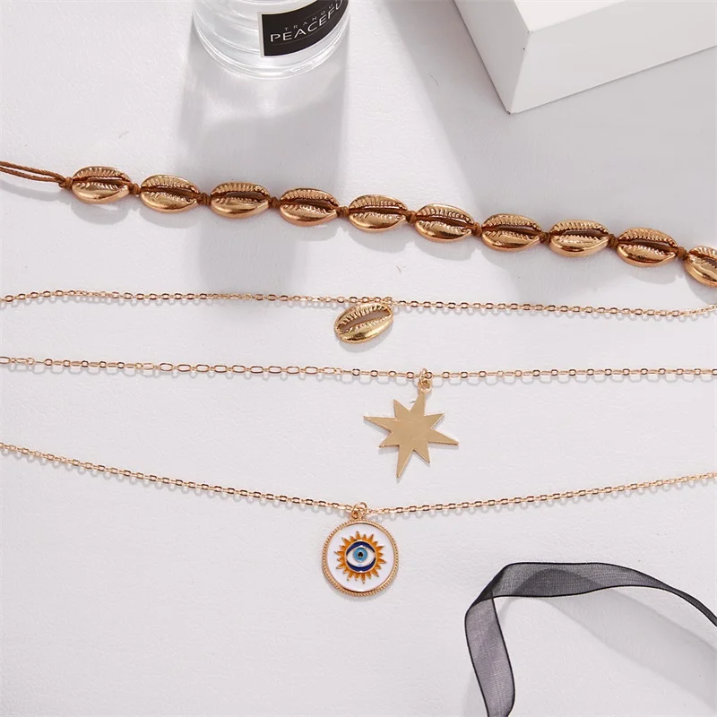 Богемная Женская Золотая ракушка Звезда Луна глаз подвеска многослойное на