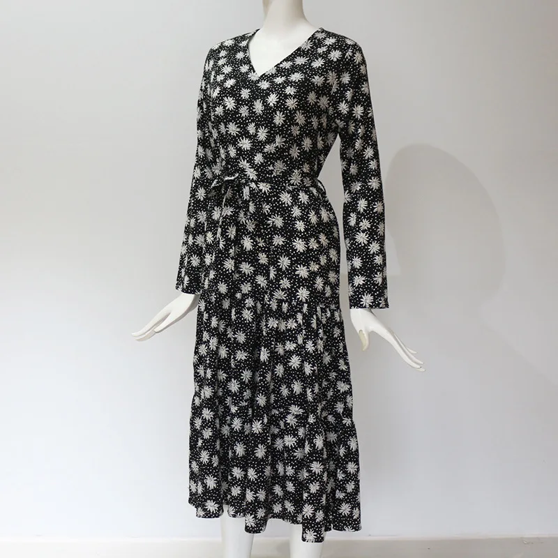 

CrossHot Sale in Europe and America New V-neck Printed High Waist Lace-up Long Sleeve Chiffon woman dress