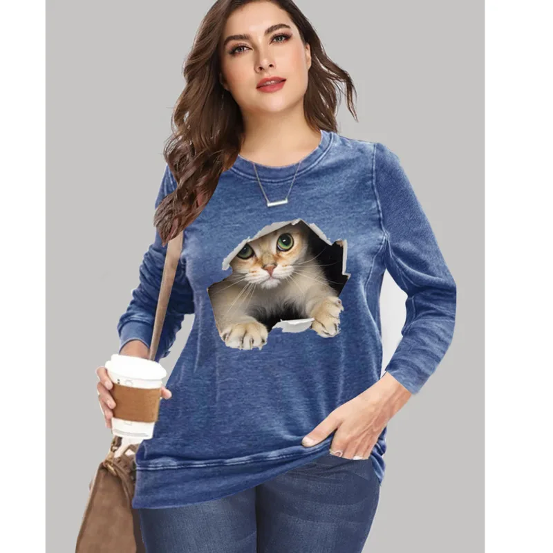

6XL Plus Size for Big Ladies 2021 Autumn New Women Fashion Long Sleeve O-Neck Stylish Cat Print Loose Oversize T Shirt Tops