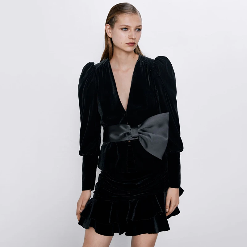 Женский бархатный комплект ZA плиссированная мини юбка на молнии с v образным