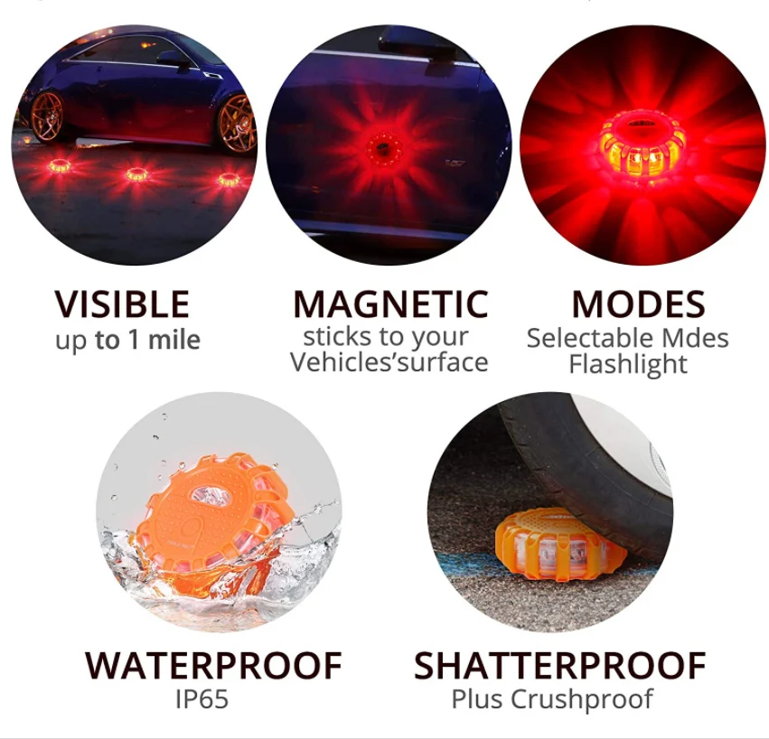 9PACK USB Rechargeable LED Road Flares Emergency Lights-Roadside Warning Car Safety Beacon Flashing Disc Flare Kit Pack | Лампы и