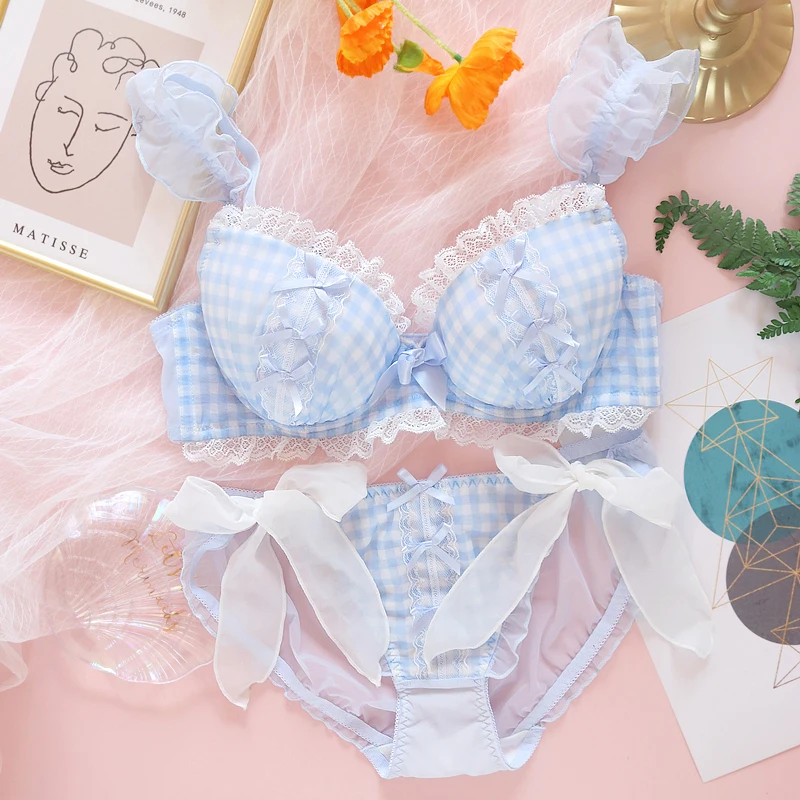 Sweet Sexy Lolita Cute Maid Plaid Lace Bow Underwear Set Japanese Lovely Girl Push Up Underwire Bra & Panties Lingerie Set