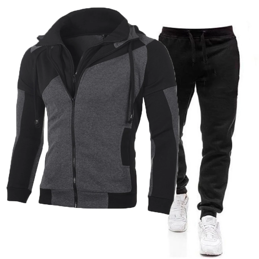 2021 Autumn Winter Men's Warm Tracksuit Hooded Zipper Coat and Sweatpants 2 Piece Sports Suit Workout Sportswear Gym Fitness Set